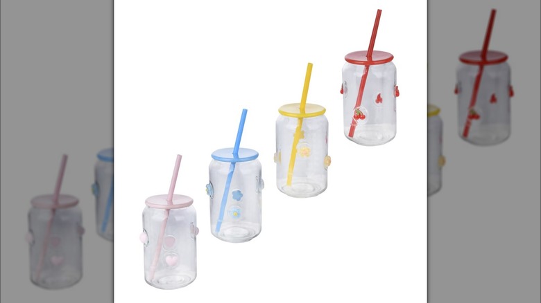 Four Designer Glass Tumblers from Dollar Tree in red cherry, blue flower, yellow flower, and pink heart designs