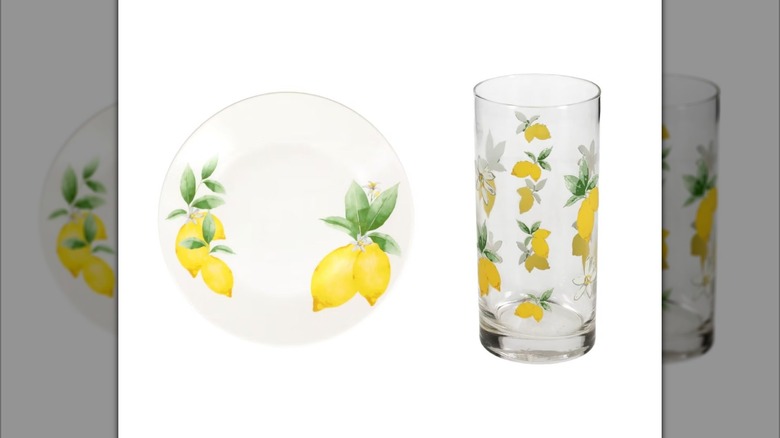 Royal Norfolk Lemon-Printed Plate and Lemon Printed Glass Cooler from Dollar Tree