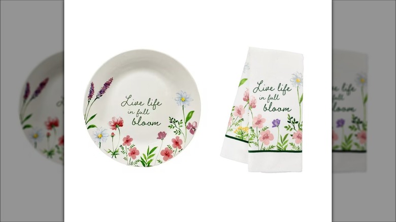 Spring Fling Kitchen Towel and Wildflower Stoneware Plate from Dollar Tree