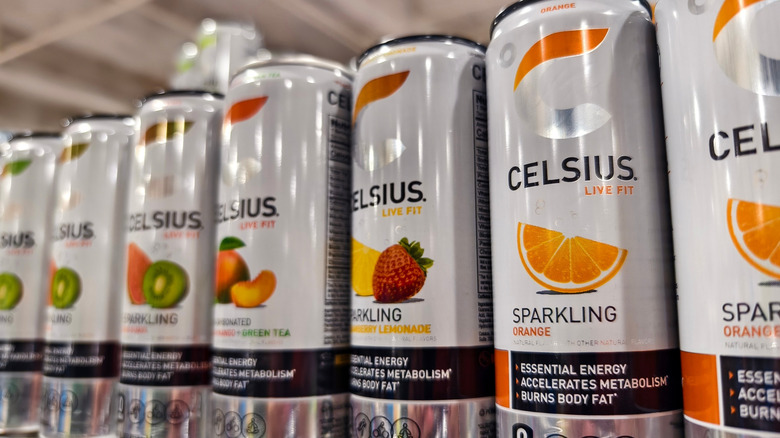 Celsius lined up on grocery store shelf
