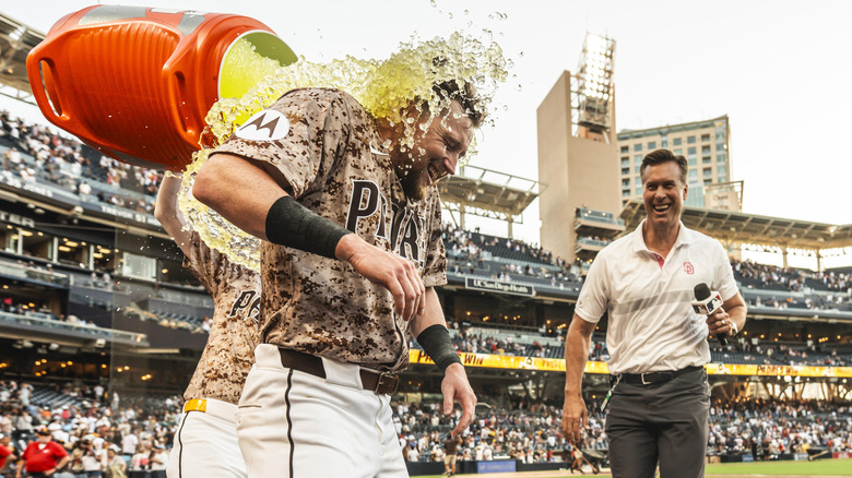 Gatorade shower at a baseball game