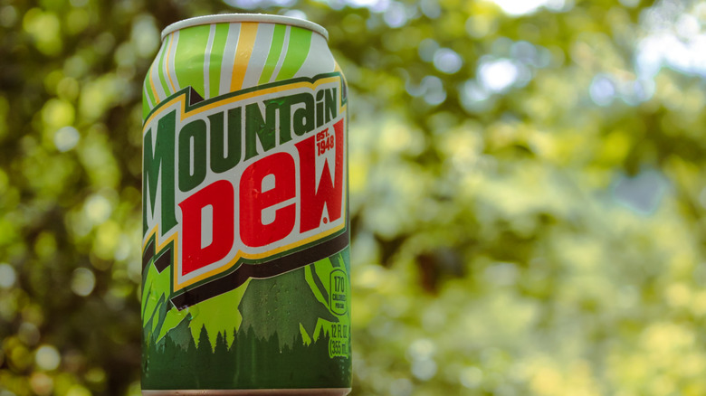 Can of Mountain Dew with trees behind it