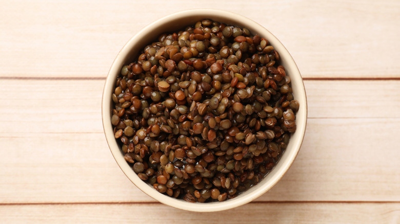 Bowl of cooked brown lentils