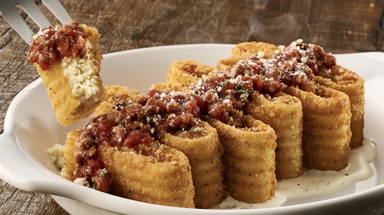 Meaty tomato sauce covers a dish of crispy Lasagna Fritta
