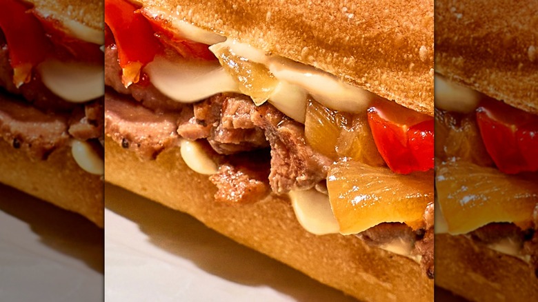 Close up of Panera Bread ciabatta cheesesteak sandwich