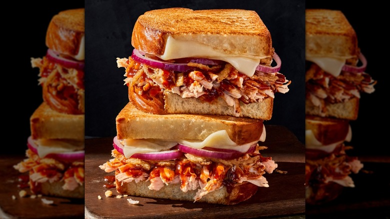 Stack of Panera Smokehouse BBQ Chicken sandwiches