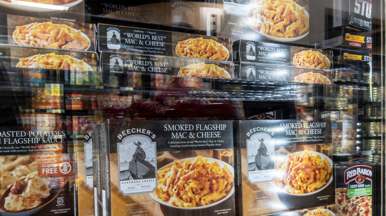 Varieties of Beecher's mac & cheese filling a freezer