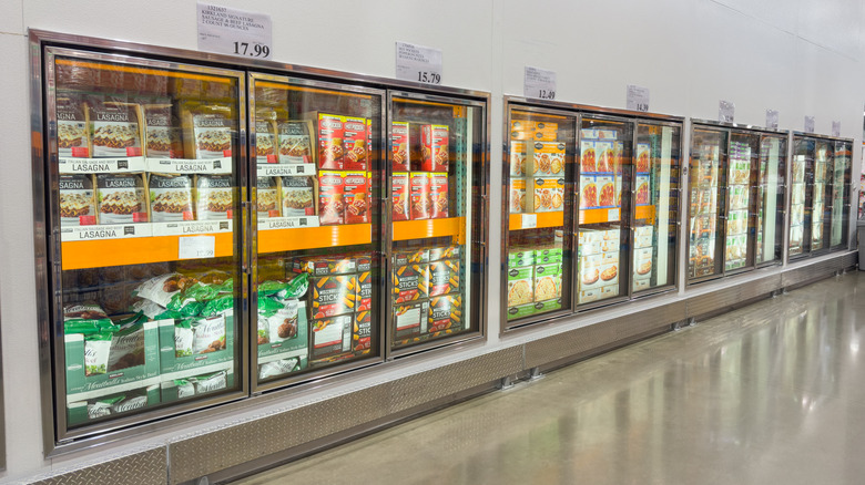 Freezer aisle in a Costco warehouse featuring meals