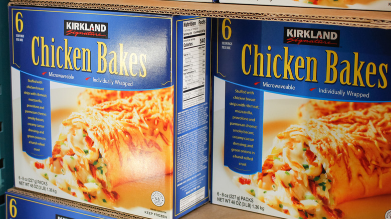Kirkland Signature Chicken Bakes cases in a Costco freezer