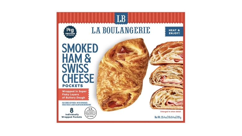 Case of La Boulangerie Smoked Ham & Swiss Cheese Pockets featuring cutaway of the flaky layers