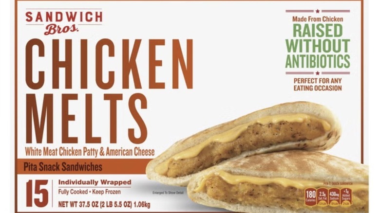Package of Sandwich Bros. Chicken Melts with closeup of patties, cheese, and pitas