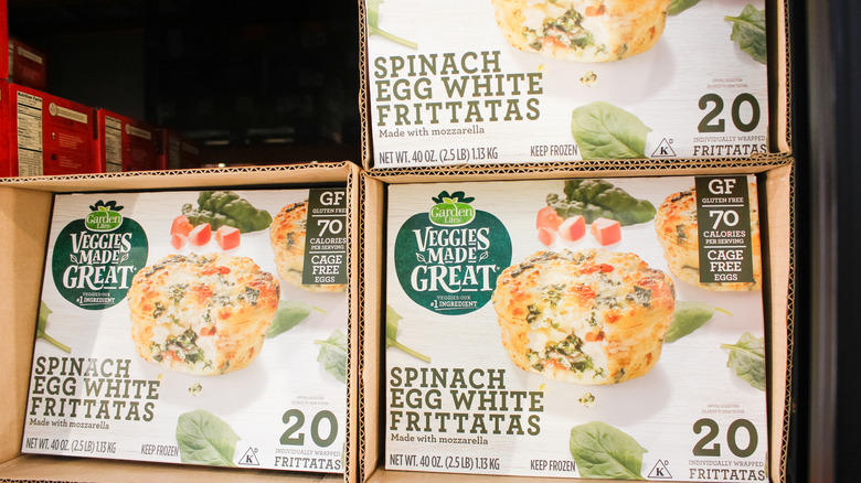 Cases of Veggies Made Great Spinach Egg White Frittatas stacked on display