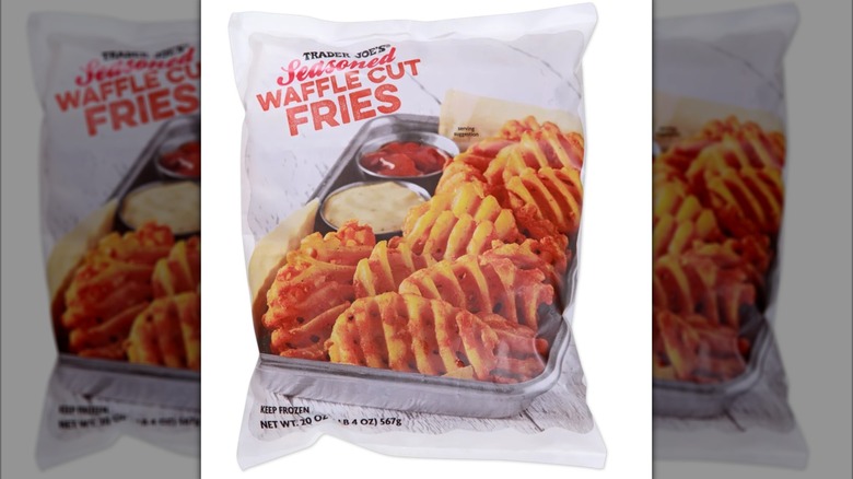 Waffle cut fries packaging from Trader Joes' with a white background