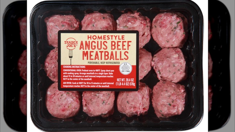 Package of Trader Joe's Angus beef meatballs with in black tray