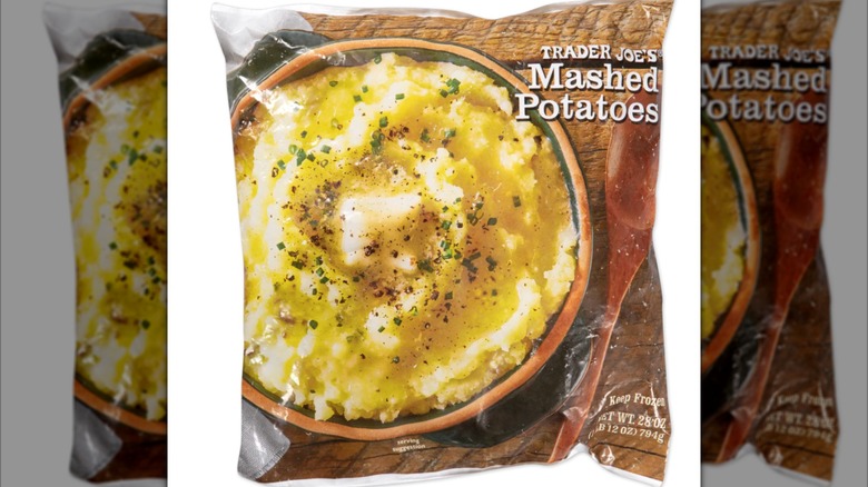 Bag of mashed potatoes from TJ's on a white background