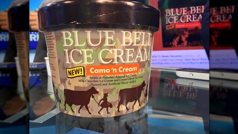 Carton of Blue Bell Camo 'n Cream ice cream