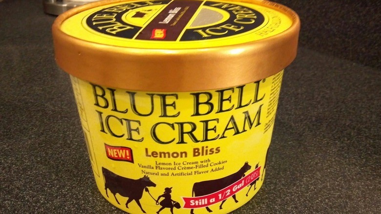 Half gallon of Lemon Bliss Blue Bell ice cream on counter