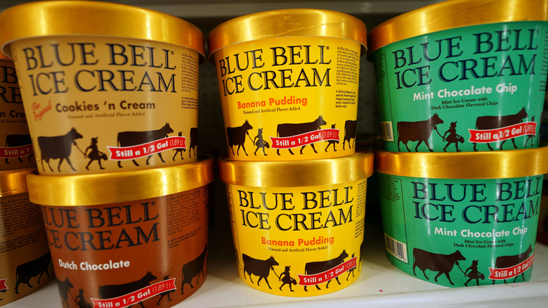 Blue Bell ice cream flavors on grocery store freezer shelf
