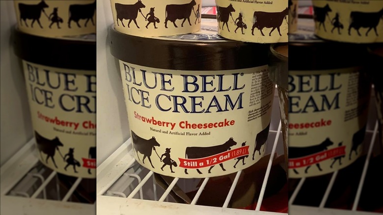 Carton of Blue Bell Strawberry Cheesecake in freezer