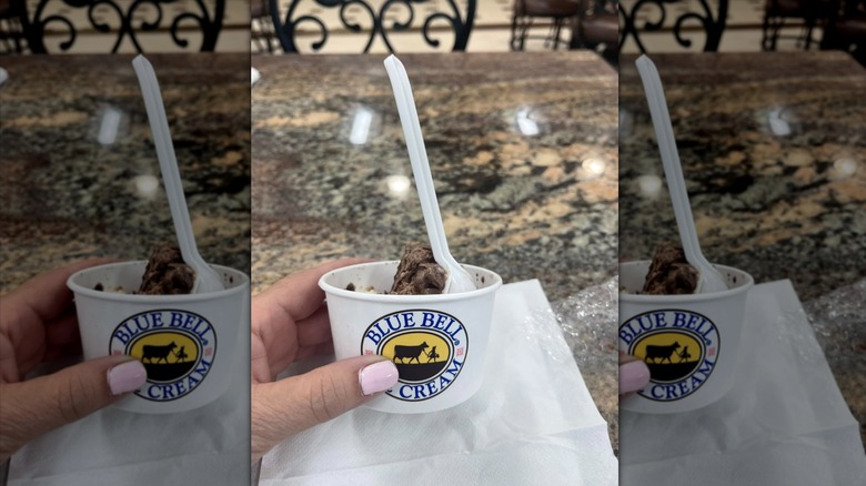 Hand holding small container of Blue Bell Triple Chocolate ice cream