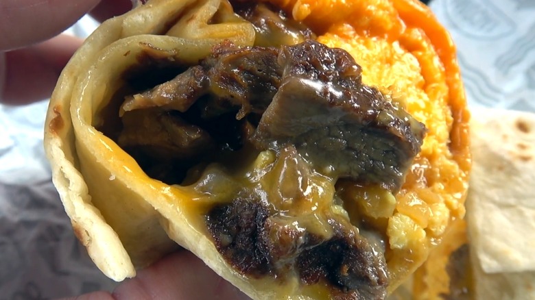 Jack in the Box Prime Rib Steak and Egg Breakfast Burrito up close