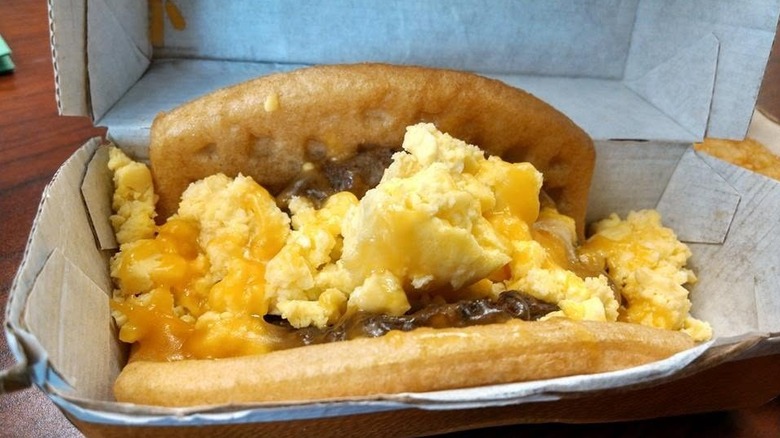 Taco Bell Waffle Taco in cardboard container