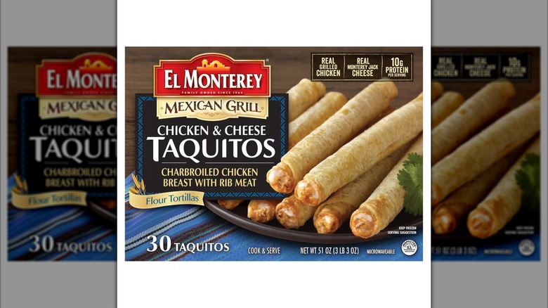 Box of El Monterey Mexican Chicken & Cheese Taquitos on white background