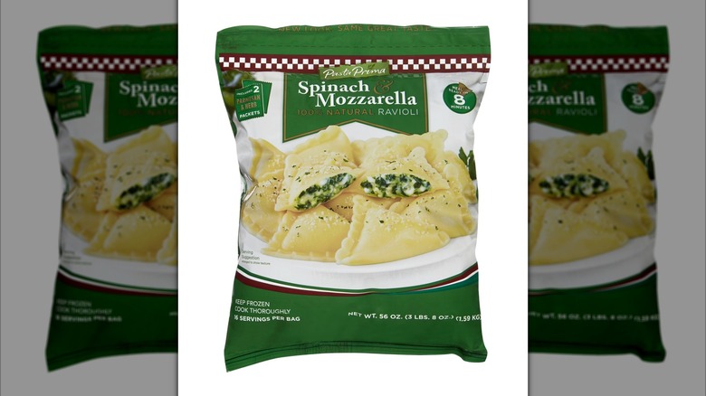 Green bag of Costco's Pasta Prima Spinach and Mozzarella Ravioli