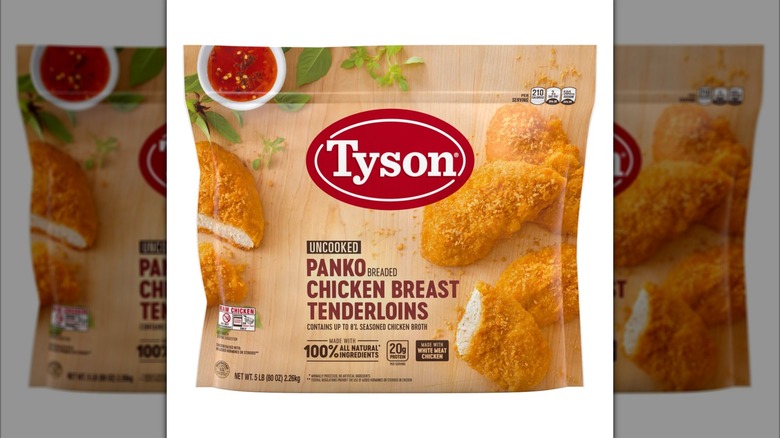 Bag of Tyson Panko Breaded Chicken Breast Tenderloins on white background
