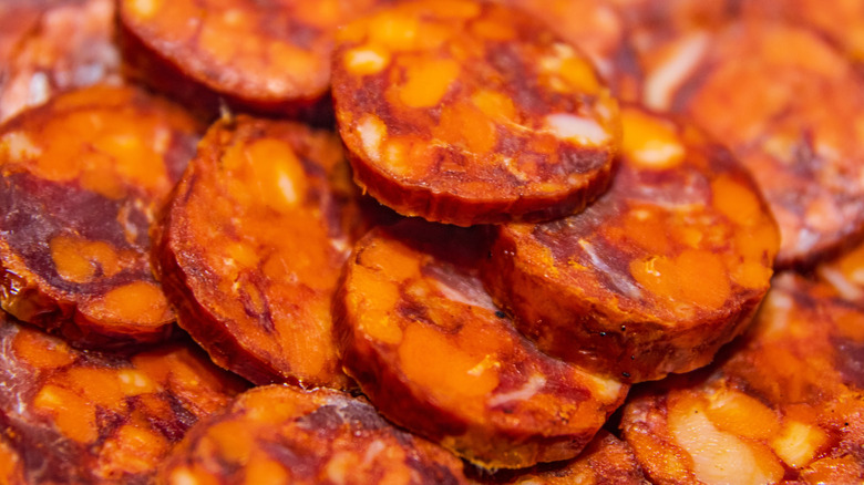 Slices of chorizo close up