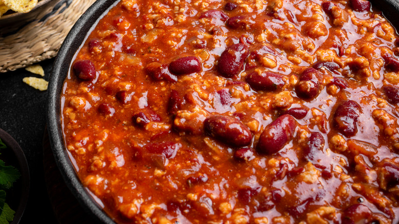 Big pot of chili with beans and meat