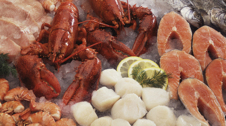 Various types of seafood on ice