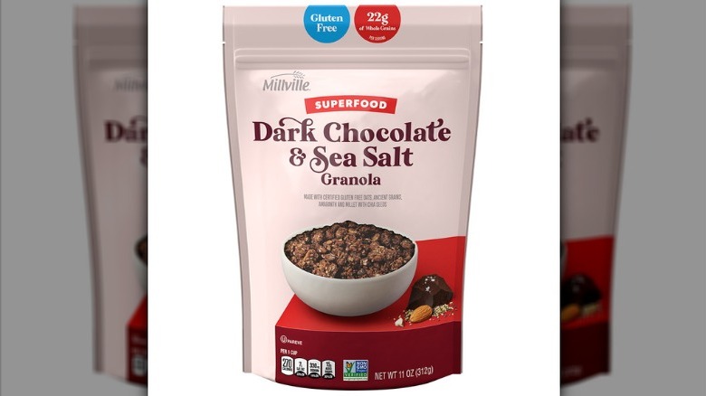 Millville Dark Chocolate Sea Salt Super Food Granola bag on white background