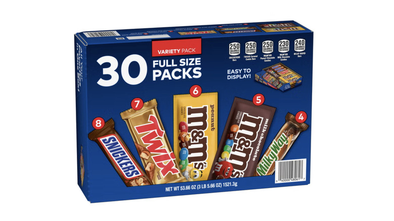A product image of a M&M's, Snickers and More Chocolate Candy Bars Variety Pack.