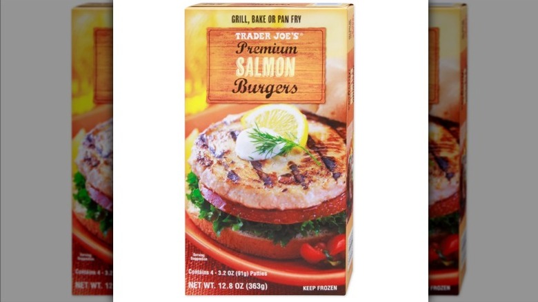 Salmon burger packaging on white background