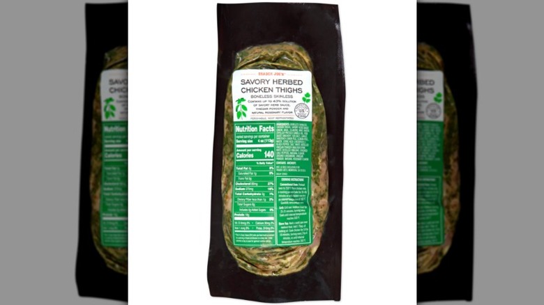 Trader Joe's chicken thighs packaging on white background