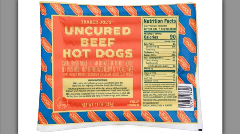 Trader Joe's uncured hot dog package on white background