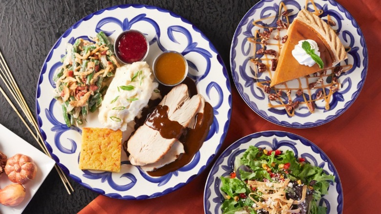 Chevy's Thanksgiving meal on blue and white plates