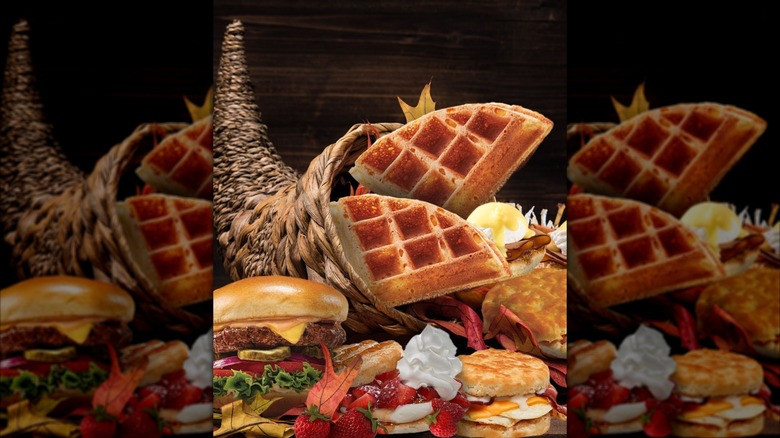 Cornucopia basket filled with waffles and other IHOP items