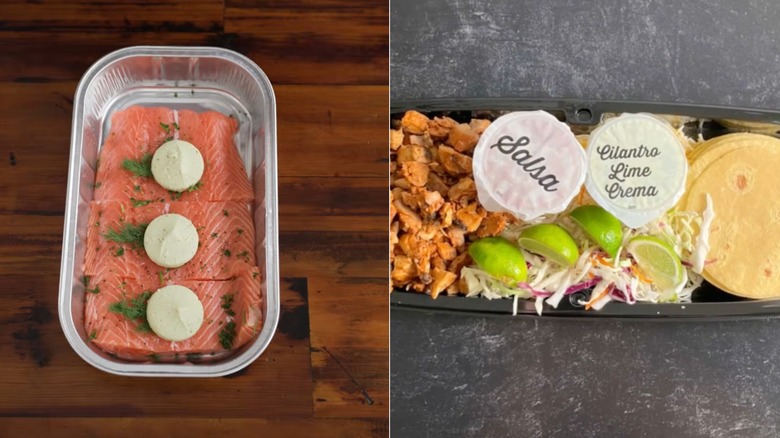 Side-by-side images of a Costco pesto salmon meal on the left and the chicken street tacos on the right.