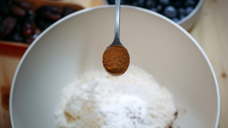 Spoonful of cinnamon held over a bowl of ingredients
