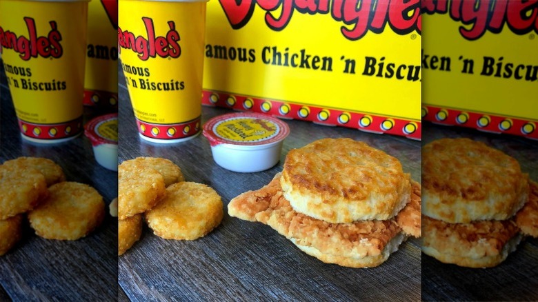 Bojangles Cajun filet biscuit meal with hash browns and drink