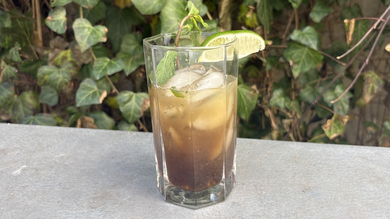 Coca-Cola, lime juice, mint in tumbler