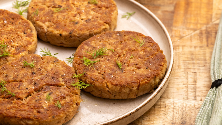 3-ingredient tuna patties on plate with dill