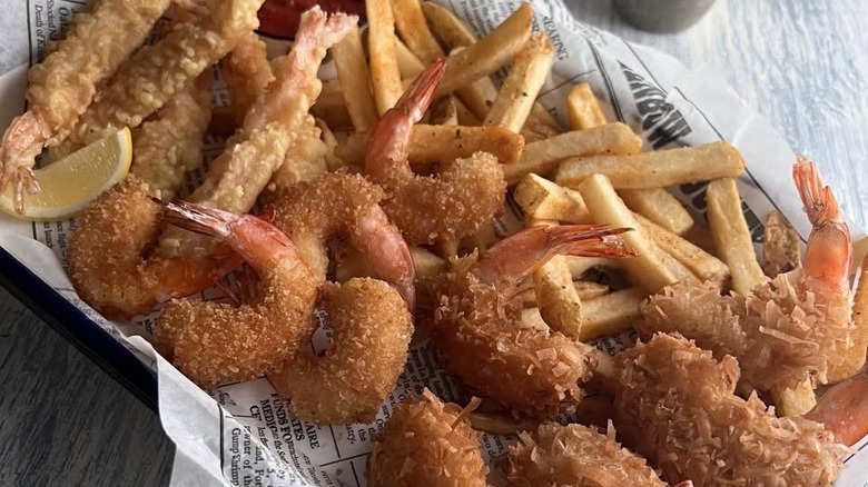 Shrimper's Heaven platter with fries on a tray