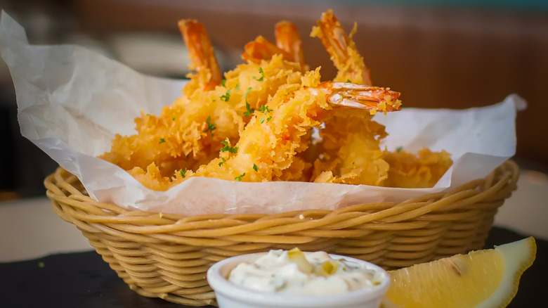 Fried shrimp from a restaurant in a basket