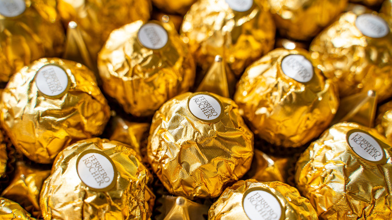 Close-up of gold-wrapped Ferrero Rocher Chocolates