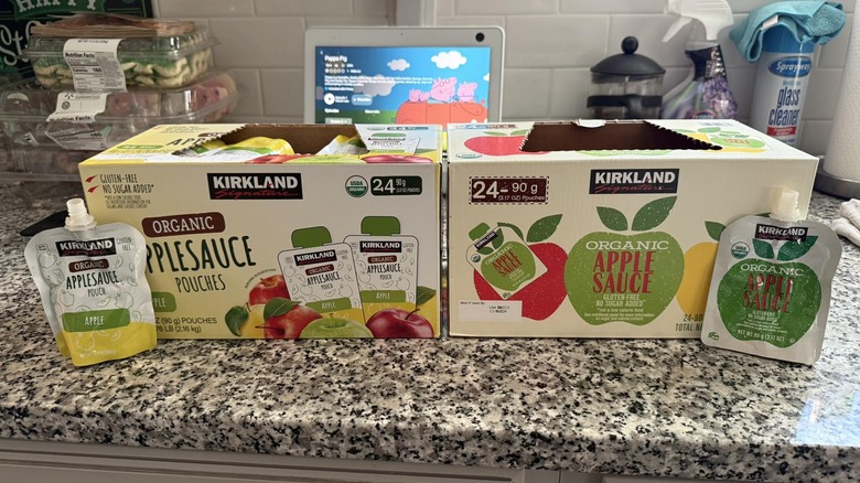 Kirkland Signature Organic Applesauce Pouches in boxes on countertop