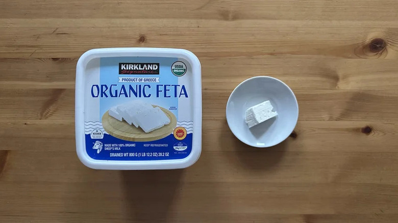 Kirkland Signature Organic Feta on wooden table