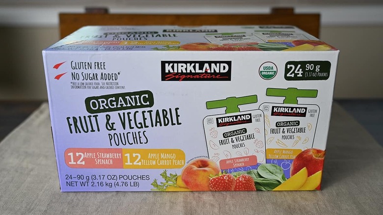 Kirkland Signature Organic Fruit and Vegetable Pouches on grey table